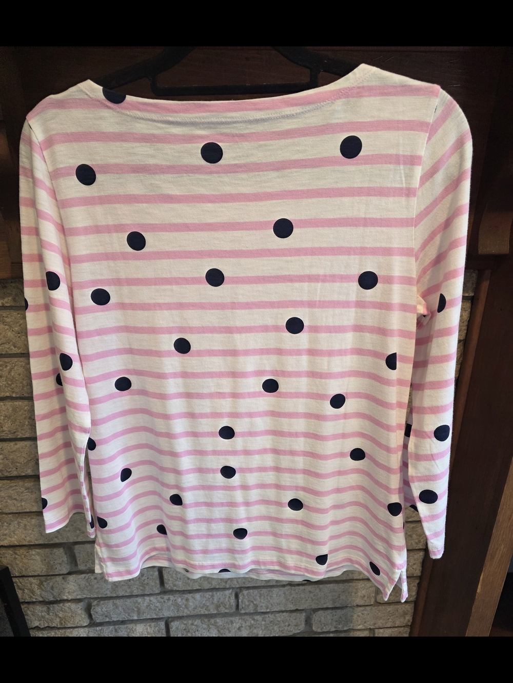 J. Crew Women’s Pink Stripe Long Sleeve Top with Navy Dots - Picture 5 of 6